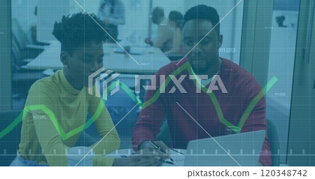 Image of financial data processing over diverse business people using laptop 120348742