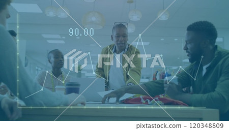 Image of financial data processing over diverse business people in office Image of financial data processing over diverse business people in office 120348809