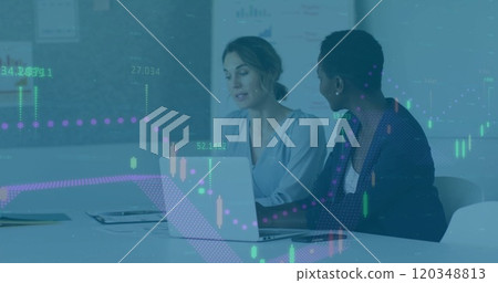 Image of financial data processing over diverse business people in office Image of financial data processing over diverse business people in office 120348813