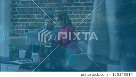 Image of financial data processing over diverse business people in office 120348814