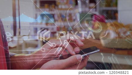 Image of data processing and scope scanning over caucasian man using smartphone Image of data processing and scope scanning over caucasian man using smartphone 120348821