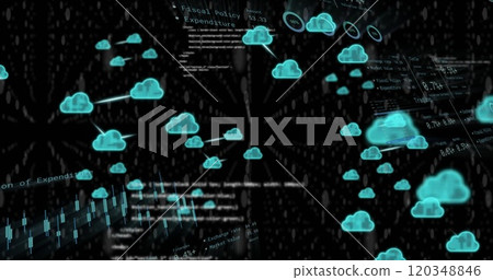 Image of processing data, charts and cloud icons transferring data on black background Image of processing data, charts and cloud icons transferring data on black background 120348846