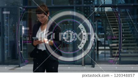 Image of data processing and scope scanning over caucasian woman using smartphone Image of data processing and scope scanning over caucasian woman using smartphone 120348857