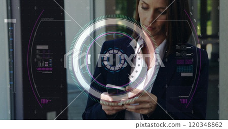 Image of data processing and scope scanning over caucasian woman using smartphone Image of data processing and scope scanning over caucasian woman using smartphone 120348862