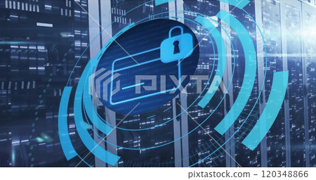 Image of circular scanner processing bank card with padlock icon over server room Image of circular scanner processing bank card with padlock icon over server room 120348866