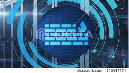 Image of circular scanner processing firewall data over server room 120348874