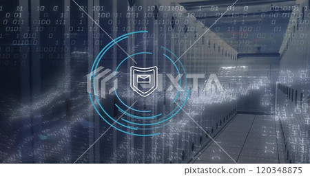 Image of circular scanner with mail security icon, data and network wave over server room 120348875