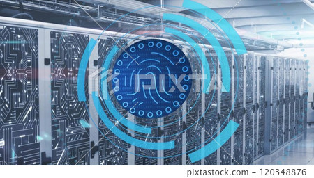 Image of biometric fingerprint scanner processing and network over server room Image of biometric fingerprint scanner processing and network over server room 120348876