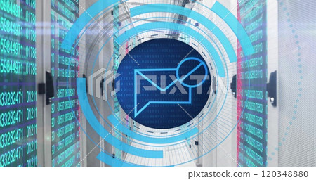 Image of circular scanner processing blocked mail message data over network server room 120348880