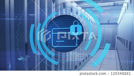 Image of circular scanner processing bank card with padlock icon over server room 120348881