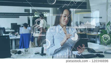 Image of financial data processing over biracial businesswoman using tablet in office Image of financial data processing over biracial businesswoman using tablet in office 120348896