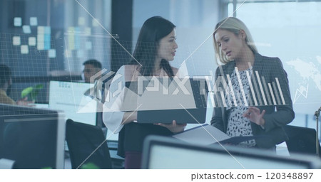 Image of financial data processing over diverse colleagues discussing work in office Image of financial data processing over diverse colleagues discussing work in office 120348897