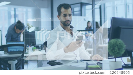 Image of financial data processing over biracial businessman using smartphone in office Image of financial data processing over biracial businessman using smartphone in office 120348905