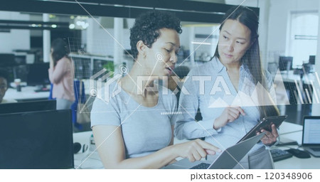 Image of financial data processing over diverse colleagues discussing work in office Image of financial data processing over diverse colleagues discussing work in office 120348906