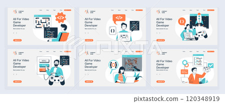 Video game developer concept of landing page with slide templates set in flat design. Website headers with people write code for computer games, testing interface with joystick. Vector illustrations. 120348919