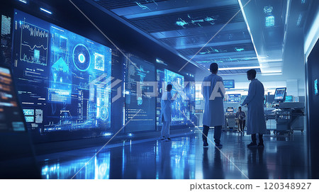 A group of doctors are looking at a computer screen in a hospital. The computer screen is displaying a variety of medical images and data. Scene is serious and focused 120348927
