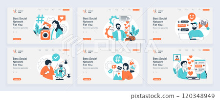 Social network concept of landing page with slide templates set in flat design. Website headers with people posting photos with hashtags, making live streams, online chatting. Vector illustrations. 120348949