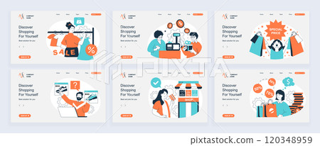 Shopping concept of landing page with slide templates set in flat design. Website headers with people ordering, making purchases and paying at checkout, getting discount coupons. Vector illustrations. 120348959