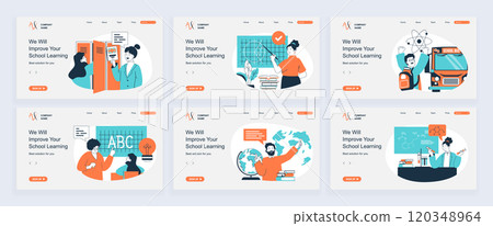 School learning concept of landing page with slide templates set in flat design. Website headers with people studying and teaching, classmate reading books, answering at lessons. Vector illustrations. School learning concept of landing page with slide templates set in flat design. Website headers with people studying and teaching, classmate reading books, answering at lessons. Vector illustrations. 120348964
