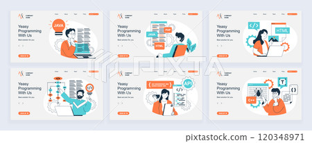 Programming concept of landing page with slide templates set in flat design. Website headers with people coding on computer, creating scripts and algorithms, developing programs. Vector illustrations. 120348971