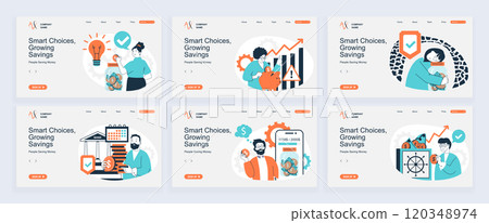 People saving money concept of landing page with slide templates set in flat design. Website headers with people planning budget, managing personal finance and doing deposits. Vector illustrations. 120348974