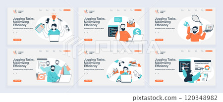 Multitasking concept of landing page with slide templates set in flat design. Website headers with people calling, working, earning money and doing tasks in same time in office. Vector illustrations. 120348982