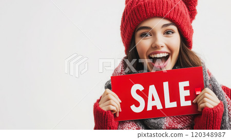 Cheerful winter sale promotion with red hat and scarf fashion 120348987