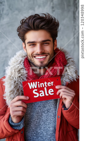 Smiling male model showcasing winter sale tag for seasonal advertising 120348998