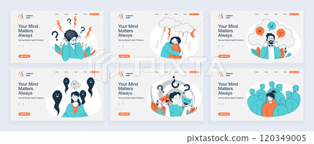 Mental health problem concept of landing page with slide templates set in flat design. Website headers with people feeling negative emotions, crying, stress and nervous illness. Vector illustrations. 120349005