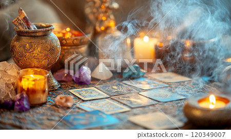A table with a variety of items including candles, crystals, and tarot cards. Scene is one of relaxation and contemplation 120349007