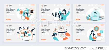 Internet cyber safety for kids concept of landing page with slide templates set in flat design. Website headers with people protect children online privacy with parental control. Vector illustrations. 120349018