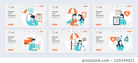 Insurance concept of landing page with slide templates set in flat design. Website headers with people using protection service agreement for saving health, family, finance. Vector illustrations. 120349021