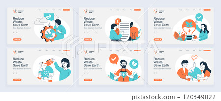 Green sustainable environment concept of landing page with slide templates set in flat design. Website headers with people take care of nature, using clean alternative resource. Vector illustrations. 120349022