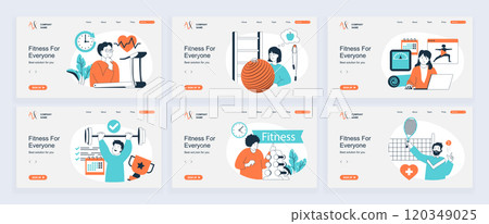 Fitness concept of landing page with slide templates set in flat design. Website headers with people train at treadmill, exercising with gym ball, lose weight, lifting barbell. Vector illustrations. 120349025