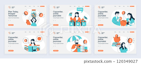 Financial literacy concept of landing page with slide templates set in flat design. Website headers with people saving money, managing and control personal finance, invest money. Vector illustrations. 120349027
