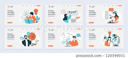 Education concept of landing page with slide templates set in flat design. Website headers with people learning science, reading books, brainstorming, making tests in laboratory. Vector illustrations. 120349031