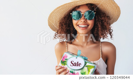 Summer sale concept with model holding tropical gift box for promotional design Summer sale concept with model holding tropical gift box for promotional design 120349044