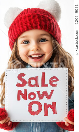 Cheerful child promoting sale with festive winter design for advertising 120349051