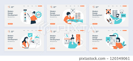 Design development concept of landing page with slide templates set in flat design. Website headers with people create interface layout, select colors and fonts for homepage. Vector illustrations. 120349061
