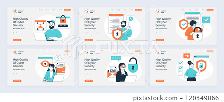 Cyber security concept of landing page with slide templates set in flat design. Website headers with people using online protection system with identify and firewall shield. Vector illustrations. 120349066