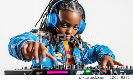 Dynamic studio shot of young dj with headphones in vibrant attire for music and entertainment themes Dynamic studio shot of young dj with headphones in vibrant attire for music and entertainment themes 120349221