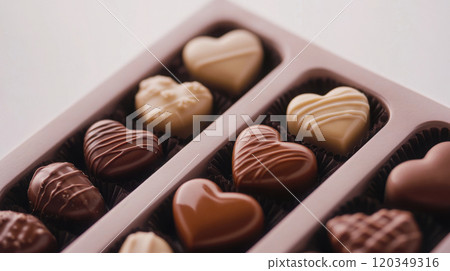 Heart-shaped assorted chocolates in elegant gift box for valentine's day or romantic occasions 120349316