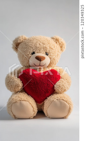 Studio shot of adorable teddy bear holding red heart for holiday gift or valentine's day decor Studio shot of adorable teddy bear holding red heart for holiday gift or valentine's day decor 120349325