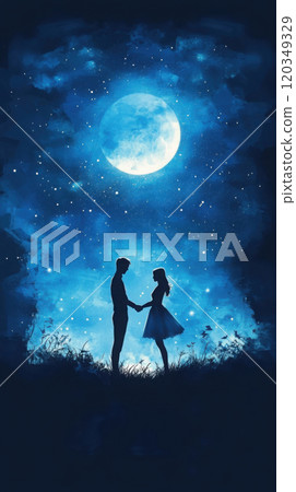 Romantic valentine's day night scene with couple under starry sky for greeting cards Romantic valentine's day night scene with couple under starry sky for greeting cards 120349329