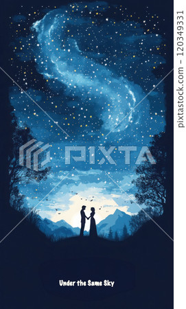 Romantic night scene under starry sky - valentine's day postcard design Romantic night scene under starry sky - valentine's day postcard design 120349331