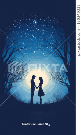 Romantic valentine's day night scene with couple under starry sky for postcard design Romantic valentine's day night scene with couple under starry sky for postcard design 120349332