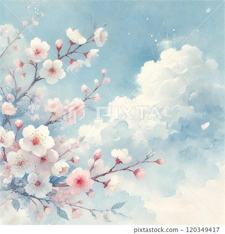 Watercolor illustration of blue sky and cherry blossoms 120349417