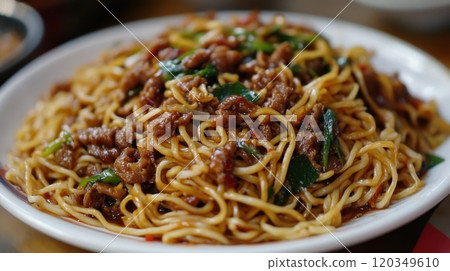 Delicious plate of stir-fried noodles with beef and vegetables 120349610