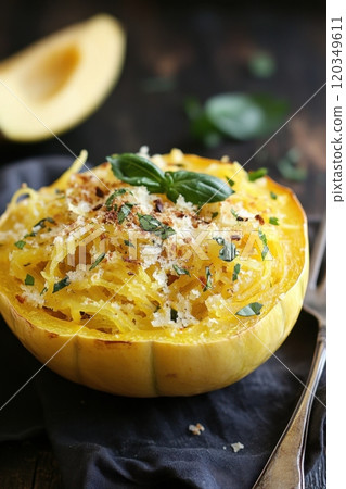 Spaghetti Squash Casserole Delicious spaghetti squash with herbs and cheese garnished for a healthy meal 120349611