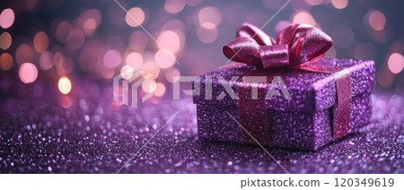 Boxing Day Purple glitter gift box with bow on sparkling background for celebrations Boxing Day Purple glitter gift box with bow on sparkling background for celebrations 120349619